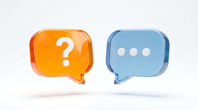 Orange question mark speech bubble next to blue ellipsis speech bubble