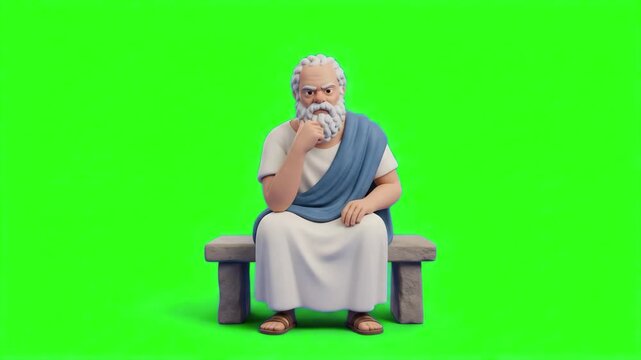A 3D rendered ancient Greek philosopher or Socrates character sitting on a bench in a thinking pose with hand on chin on a chroma key green background. Excellent for philosophy videos, wisdom concepts