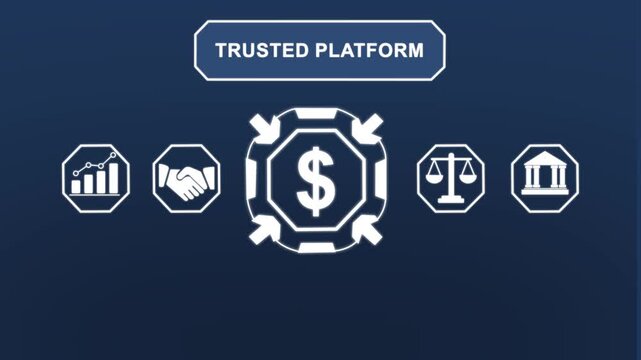 Financial trusted platform motion featuring business currency symbols, growth charts, legal scales, and banking infrastructure for corporate digital marketing and fintech presentations