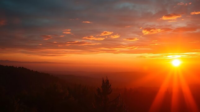 A vibrant sunset casting a warm glow over a serene landscape with distant rolling hills.