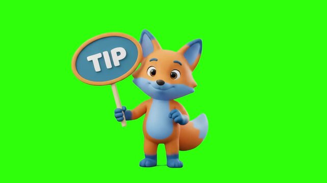 A 3D animated orange fox character holding a round Tip sign on a chroma key green background. Great for helpful advice videos, tutorial guides, life hacks, recommendation graphics, kids educational ch