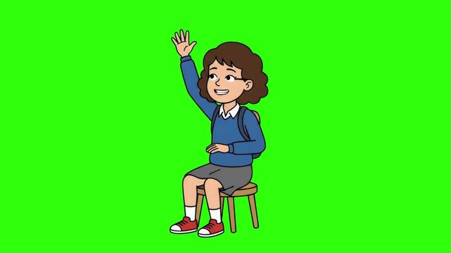 A cute 2D animated schoolgirl sitting on a chair and raising her hand to ask or answer a question on a chroma key green background. Ideal for educational videos, classroom tutorials, e-learning promos
