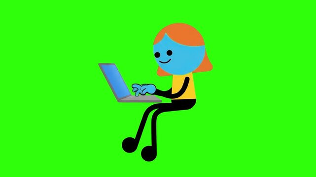 A simple 2D vector style character sitting and typing on a laptop computer on a chroma key green background. Perfect for remote work concepts, freelance activities, software programming, online educat
