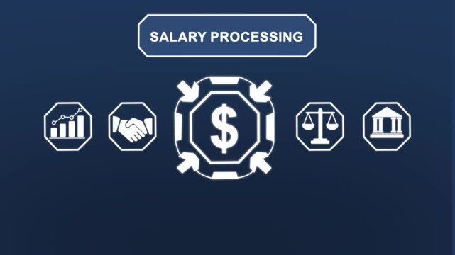 Salary processing motion animation featuring financial dollar sign symbolism, corporate growth charts, banking infrastructure, and legal balance scales for modern business finance
