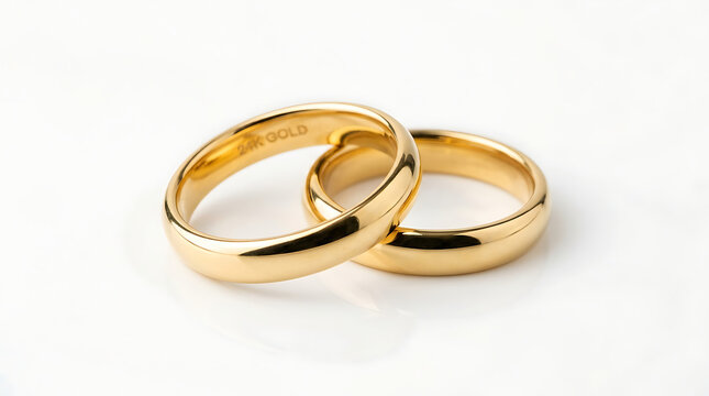 Two intertwined 24k gold wedding bands on white surface