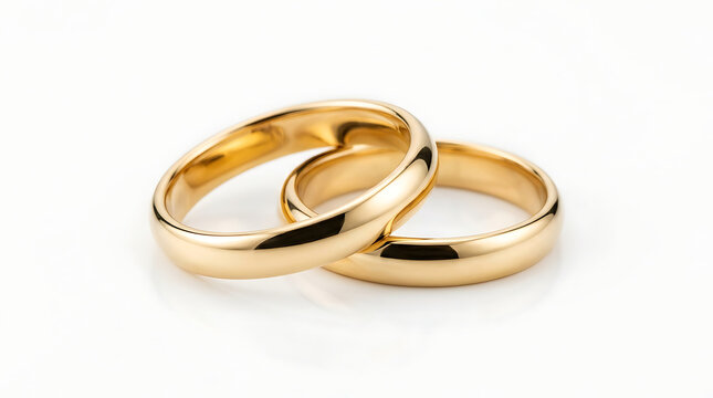Two polished gold wedding bands intertwined on white background