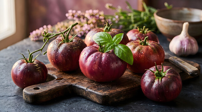 Freshly picked heirloom purple and red tomatoes with basil leaves on a rustic wooden cutting board heirloom vegetable