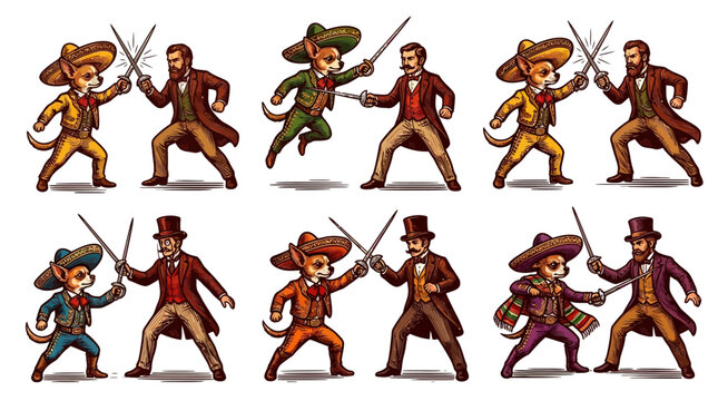 Vintage chihuahua fencer and gentleman dueling set. Retro dog swordsman and victorian man fencing. 6 vector character illustrations.