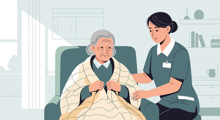 Fototapeta premium Caring Nurse Comforts Elderly Woman in Cozy Living Room Setting
