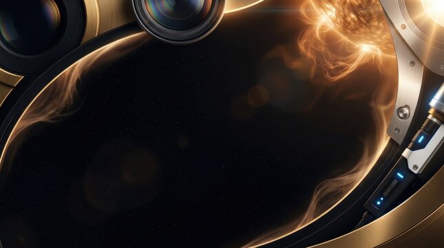 Scientific solar research banner with telescope lens and solar flare frame on dark copy space
