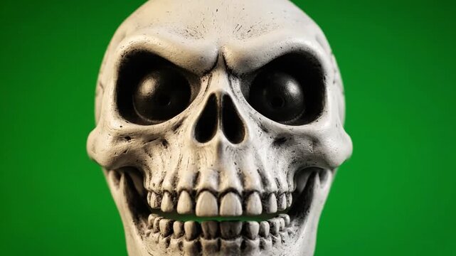 Stylized Human Skull Face Close Up on Green Screen Background. 4K Video