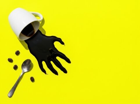 Surreal spilled coffee hand on neon yellow background representing caffeine anxiety concept with copy space.