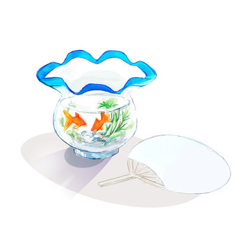 金魚鉢とうちわのイラスト