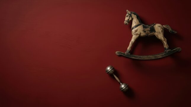 Antique wooden rocking horse and vintage rattle on deep red background with large copy space, haunting domestic horror minimalist flatlay banner composition.