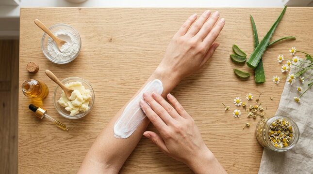Applying natural moisturizer cream onto human forearm skin on a wooden table with botanical ingredients skincare routine human arm cosmetic prod