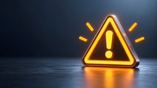 Glowing yellow warning triangle sign with exclamation mark representing caution hazard and attention alert
