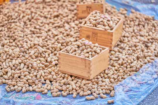 Abundant newly harvested unshelled peanuts displayed in traditional wooden measuring boxes on a blue tarp. This early autumn street vendor scene highlights natural unstandardized beogeum produce.