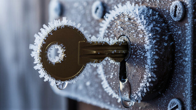 A frozen key stuck in lock covered with hoarfrost crystals and dripping water in cold winter morning light representing a security problem and blocked access concept