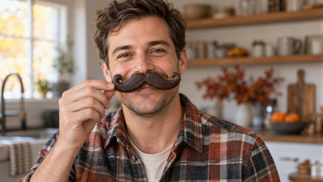 Smiling man holding a homemade mustache shaped cookie with coffee copyspace in a cozy rustic kitchen in warm autumn morning light for playful lifestyle concept
