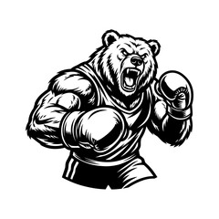 Fototapeta premium Aggressive Muscular Grizzly Bear Boxing Mascot Illustration, Powerful Animal Fighter in Boxing Gloves and Tank Top, Black and White Vector Graphic