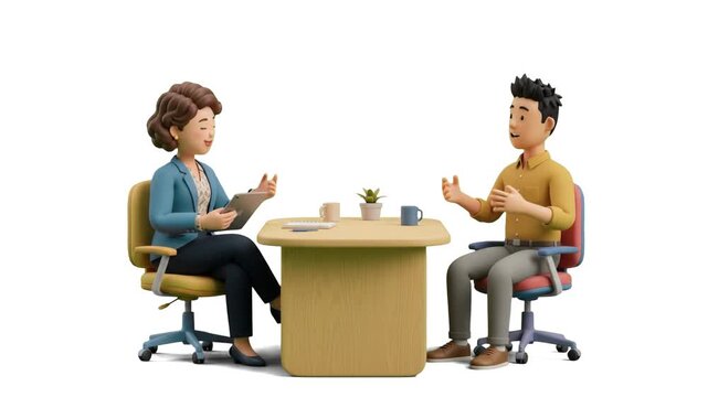 A 3D animated woman holding a clipboard and conducting an interview with a man across a wooden table isolated on a white background. Perfect for HR presentations, employment agency banners, career gui