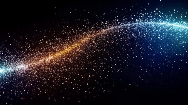 Abstract Light Particle Wave with Glowing Blue and Golden Motion Trail Across Dark Background, Creating Dynamic Cosmic Energy and Futuristic Atmosphere for Modern Digital Design