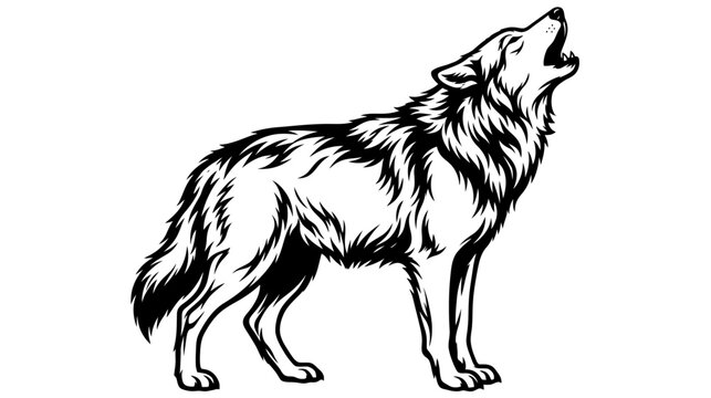 Howling Wolf Vector Illustration, Black and White Wild Animal Line Art, Lone Wolf Mascot Design Isolated on White Background