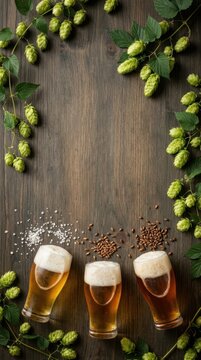 Top-down vertical banner of an Oktoberfest beer tasting flight on a dark oak table with fresh hops border and central copy space for advertising.
