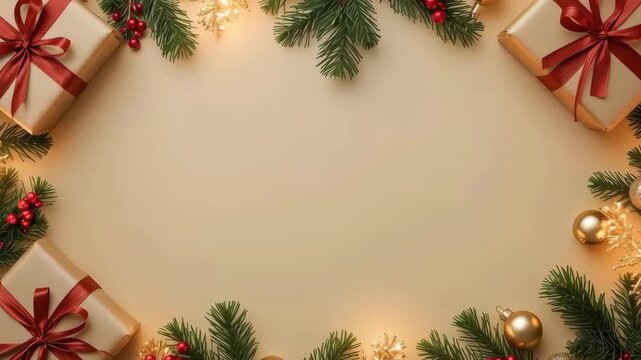 Christmas holiday background with gift box, evergreen branch, red berry, gold ornament, ribbon and festive border, creating elegant seasonal greeting card design with generous copy space for cheerful