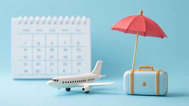 Airplane, suitcase and umbrella on white calendar background, travel holiday and annual leave planning concept for vacation, relaxation, paid time off, employee pto, business leave, summer getaway and