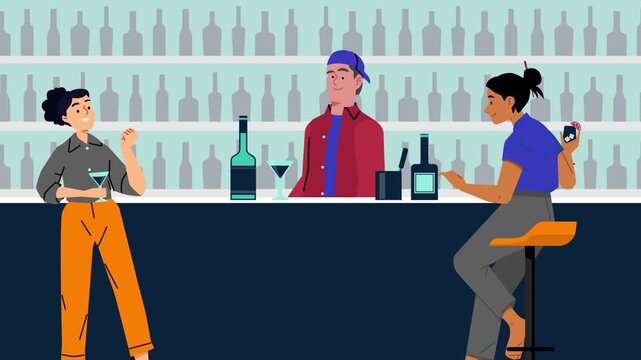 Bartender serves cheerful customers holding refreshing cocktails inside a stylish lounge bar during this colorful animated digital motion video clip