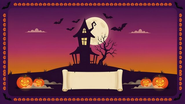 Wide vector illustration of a spooky night scene with haunted house silhouette, full moon, flying ba