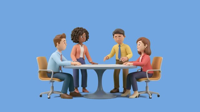 A group of 3D animated business people sitting around a round table discussing ideas during an office meeting against a light blue studio background. Suitable for corporate presentations, teamwork con