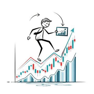 Businessman climbing up stock market graph.