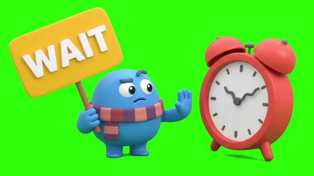 A 3D animated blue monster in a scarf holding a yellow Wait sign next to a red retro alarm clock on a chroma key green background. Ideal for delay notices, countdown timers, waiting screens, time mana