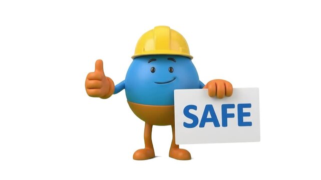 A friendly 3D animated round character wearing a yellow construction helmet giving thumbs up while holding a sign with text SAFE on a white background. Suitable for safety presentations, work security