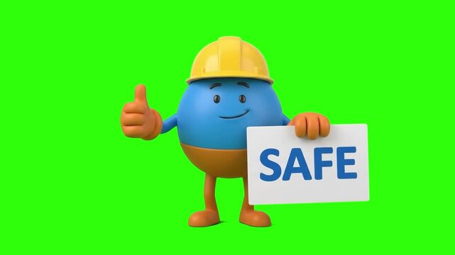 A cute 3D animated round character wearing a yellow hardhat showing thumbs up while holding a white sign with text SAFE on a chroma key green background. Great for safety regulations, construction sec