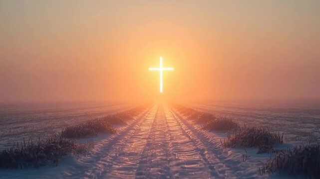 Glowing cross above snowy road at sunrise, creating spiritual hope, peaceful reflection, and glowing winter landscape across frozen field with misty horizon and warm light
