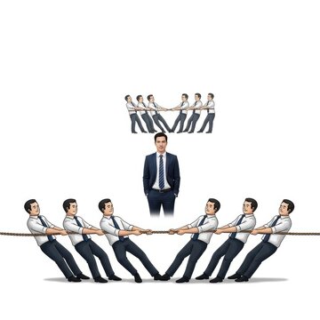 Businessman leading team in tug of war.