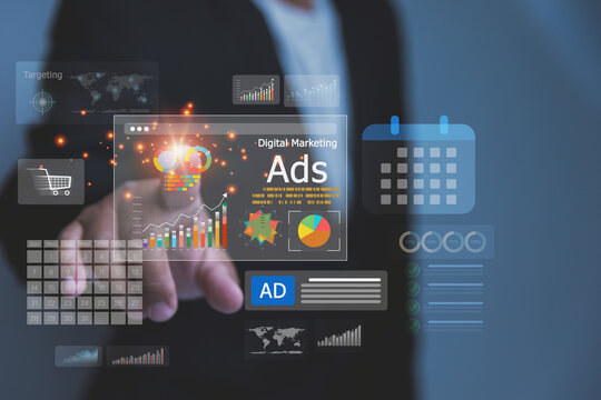 Digital marketing dashboard, advertising campaign, innovative corporate advertising strategies. A professional interacts with a floating virtual overlay dedicated to digital marketing analytics.