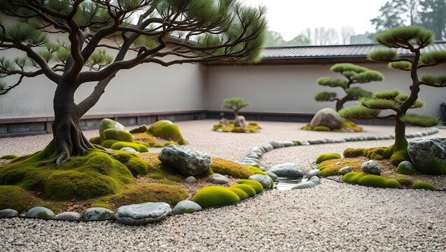 Japanese zen garden with pruned bonsai trees and moss-covered rocks in serene outdoor landscape