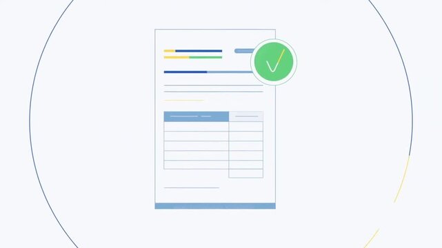 Digital document verification animation featuring a green checkmark icon appearing on a professional paper form for seamless motion video footage