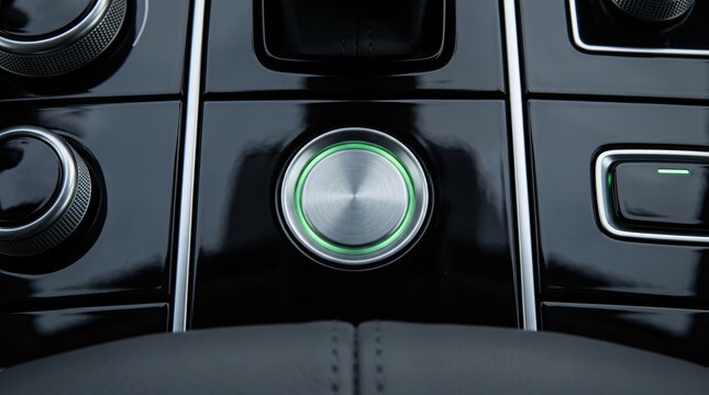 Close up of car engine start stop button with green light ring on glossy black dashboard, automotive interior detail, modern vehicle technology, ignition switch macro shot