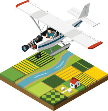 Small plane with camera drone flying over agricultural fields, aerial view, concept for surveying, farming and real estate marketing.