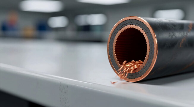 Cut industrial metal pipe with copper interior