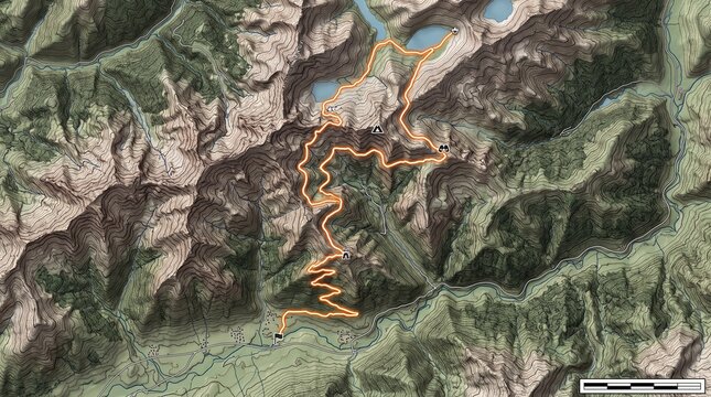 Detailed topographic map of a mountain range featuring a winding hiking trail, contour lines, shaded relief, and recreational navigation icons.