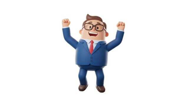 A 3D animated businessman in a blue formal suit and glasses raising arms in excitement and joy isolated on a clean white background. Ideal for corporate victory presentations, successful deals, busine