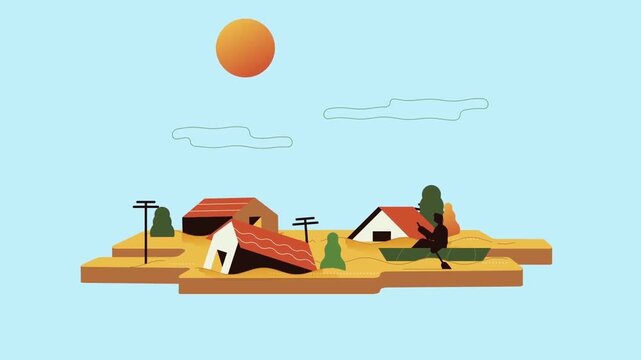 Person rowing a small boat through flooded homes during a natural disaster animation video clip illustrating environmental climate change impact