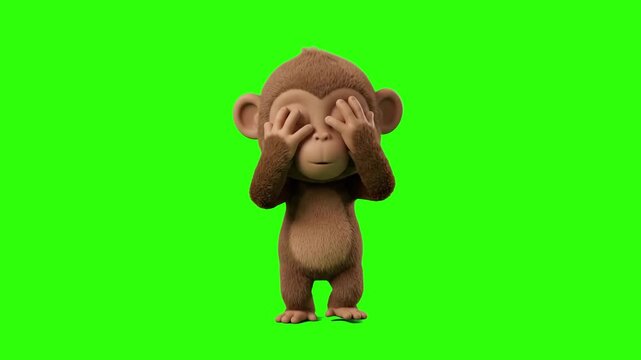 A 3D rendered cute monkey character standing and covering its eyes with hands in a see no evil pose on a chroma key green background. Perfect for funny reaction clips, shame or shy concepts, privacy t