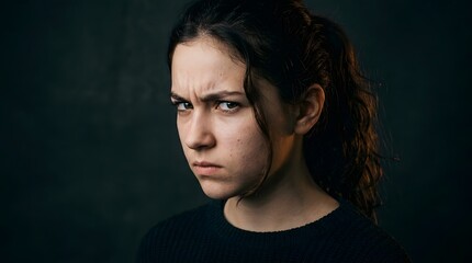 Fototapeta premium Woman with Stern Suspicious Gaze in Dark Studio Portrait